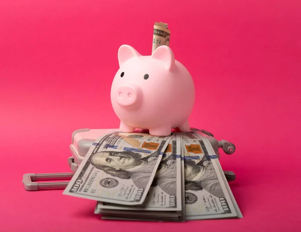 Piggy Τράπεζα Δολάρια Και Μια Βαλίτσα Ροζ Φόντο Συσσώρευση Χρημάτων — Φωτογραφία Αρχείου