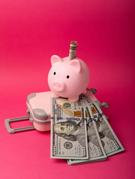 Piggy Τράπεζα Δολάρια Και Μια Βαλίτσα Ροζ Φόντο Συσσώρευση Χρημάτων — Φωτογραφία Αρχείου
