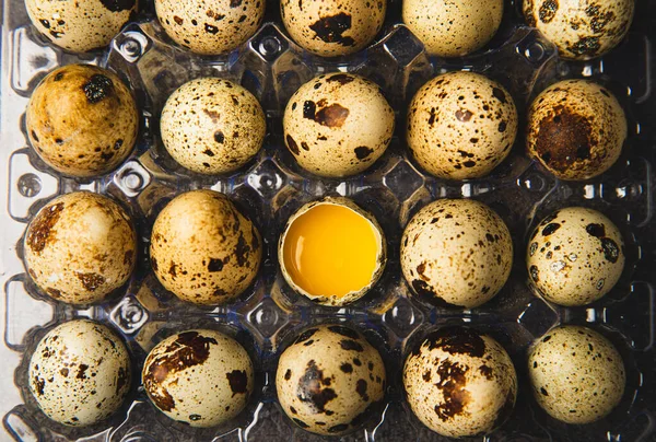 Kwarteleieren Plastic Verpakking Een Zwarte Achtergrond Natuurlijke Producten Plaats Voor — Stockfoto