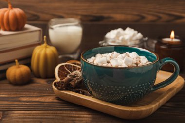 Kahverengi dokuma masasında kış içecekleri için marşmelovlar ve marşmelovlar. Kış içeceği. Marshmallow ve baharatlı sıcak çikolata..