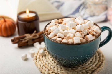 Bir fincan lezzetli kakao içeceği ve mavi bardakta şekerlemeler. Beyaz dokuma masasında kış içecekleri için şekerlemeler ve şekerlemeler. Kış sıcak içeceği. Şekerleme ve baharatlı sıcak çikolata..