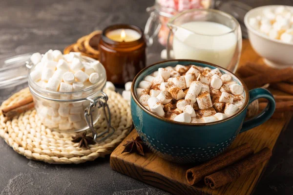 Copa Sabrosa Bebida Cacao Malvaviscos Taza Azul Especias Malvaviscos Para — Foto de Stock