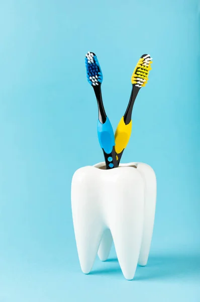 Очисна Модель Білого Зуба Зубною Щіткою Синьому Фоні Концепція Гігієни — стокове фото