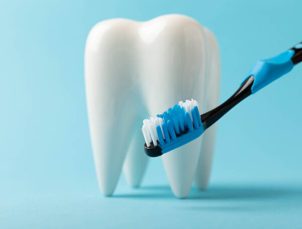 Cleaning model of a white tooth with a toothbrush on a blue background. The concept of dental hygiene. Prevention of plaque and gum disease.Prevention of caries.MOCKUP