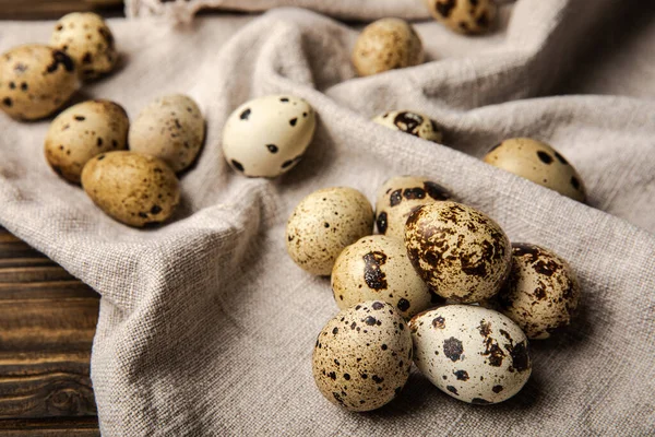 Quail Eggs Texture Fabric Brown Wood Background Natural Products Place — Foto de Stock