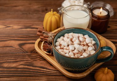 Kahverengi dokuma masasında kış içecekleri için marşmelovlar ve marşmelovlar. Kış içeceği. Marshmallow ve baharatlı sıcak çikolata..