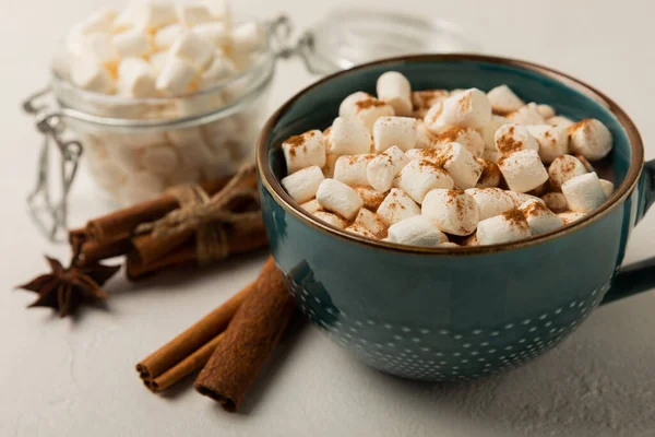 Tasse Leckeres Kakaogetränk Und Marshmallows Blauer Tasse Gewürze Und Marshmallows — Stockfoto