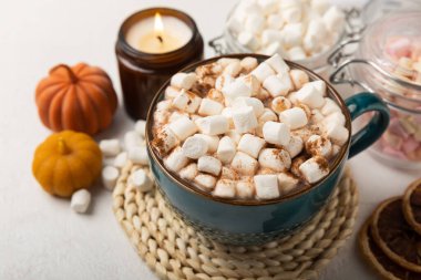 Bir fincan lezzetli kakao içeceği ve mavi bardakta şekerlemeler. Beyaz dokuma masasında kış içecekleri için şekerlemeler ve şekerlemeler. Kış sıcak içeceği. Şekerleme ve baharatlı sıcak çikolata..