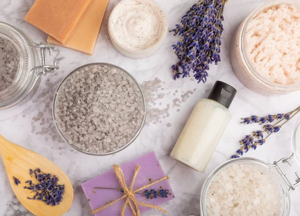 Lavender Spa Sea Salt Body Scrub Lavender Flowers Handmade Soap — Stockfoto