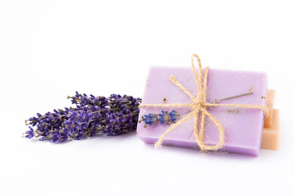 Handmade Soap Lavender Isolated White Background Lavender Spa Lavender Flowers — Stockfoto