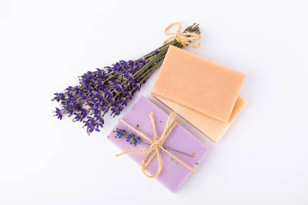 Handmade Soap Lavender Isolated White Background Lavender Spa Lavender Flowers — Stockfoto