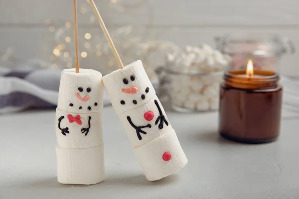 Snowman Made Marshmallows Cocoa Drink Sweet Treat Kids Funny Marshmallow —  Fotos de Stock