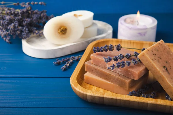 Natural Lavender Soap Lavender Flowers Blue Texture Wood Handmade Soap — Stock Photo, Image