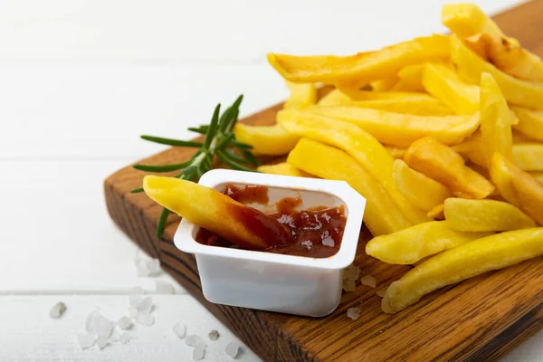 French Fries Ketchup Tomato Sauce Wooden Background Fast Food Baked — Stock Photo, Image