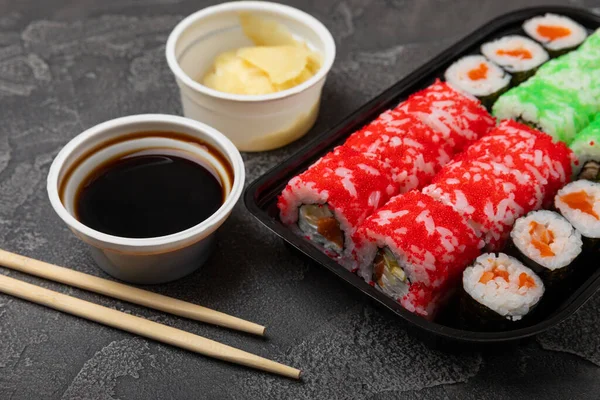 Assorted Sushi Big Set Sushi Variety Japanese Sushi Crab Salmon — Zdjęcie stockowe