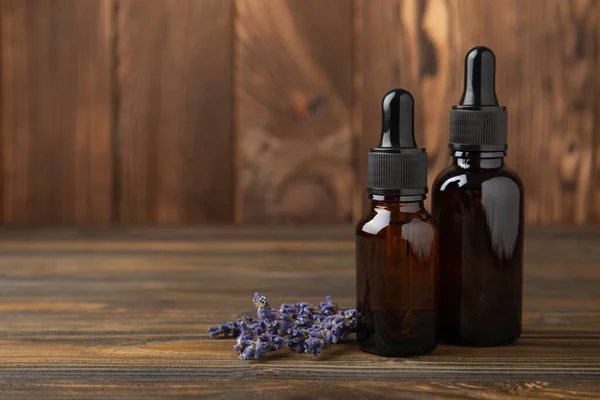 Essential Oil Lavender Brown Background Spa Concept Relax Bottle Fragrant — 图库照片