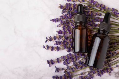 Essential oil of lavender on a white texture background. Spa concept. RELAX. Bottle with fragrant oil and lavender flowers.Aromatic oil with lavender scent.mockup of lavender essential oil.Copy space.