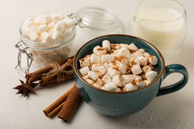 Bir fincan lezzetli kakao içeceği ve mavi bardakta şekerlemeler. Beyaz dokuma masasında kış içecekleri için şekerlemeler ve şekerlemeler. Kış sıcak içeceği. Şekerleme ve baharatlı sıcak çikolata..