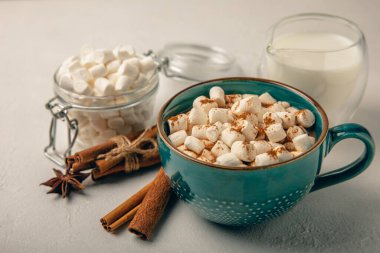 Bir fincan lezzetli kakao içeceği ve mavi bardakta şekerlemeler. Beyaz dokuma masasında kış içecekleri için şekerlemeler ve şekerlemeler. Kış sıcak içeceği. Şekerleme ve baharatlı sıcak çikolata..