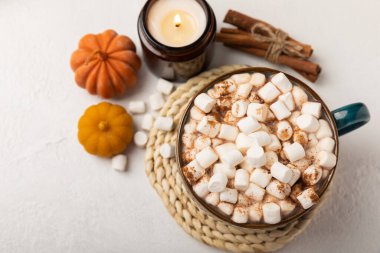 Bir fincan lezzetli kakao içeceği ve mavi bardakta şekerlemeler. Beyaz dokuma masasında kış içecekleri için şekerlemeler ve şekerlemeler. Kış sıcak içeceği. Şekerleme ve baharatlı sıcak çikolata..