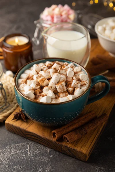 Cup Tasty Cocoa Drink Marshmallows Blue Cup Spices Marshmallows Winter — Stock Photo, Image