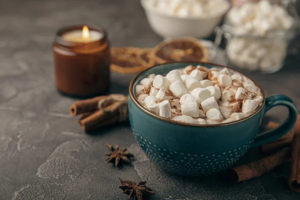 Cup Tasty Cocoa Drink Marshmallows Blue Cup Spices Marshmallows Winter - Stock-foto