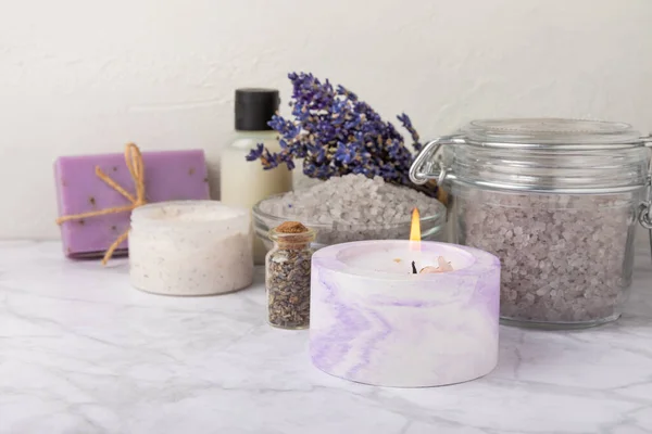 Lavender Spa Sea Salt Lavender Flowers Aroma Candle Body Cream — ストック写真