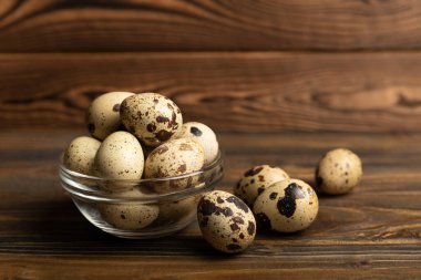 Kahverengi desenli bıldırcın yumurtaları. Çiğ yumurta. Kırık bıldırcın yumurtası. Doğal ürünler. Mesaj için yer. Taze bıldırcın yumurtası..