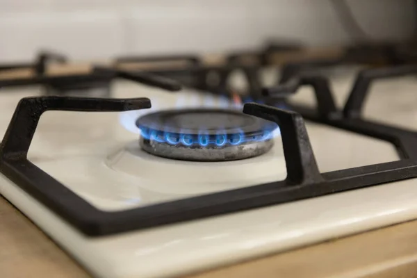 Close-up of a blue flame of fire from a home cooking stove. The concept of industrial resources and economy. Gas stove with a burning flame.Propane.Close-up.Copy space.
