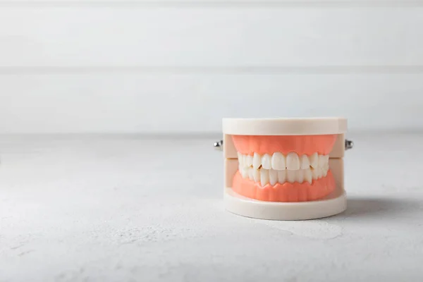 Dentures on a white background. Upper and lower jaws with false teeth. Dentures or false teeth, close-up. copy space.Dentist concept.MOCKUP