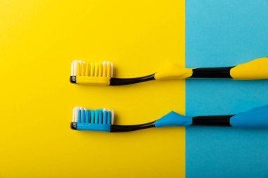 Toothbrushes. Oral care. Dental care. Composition with toothbrushes on a yellow-blue background.Space for copy. Place for text.Fletley