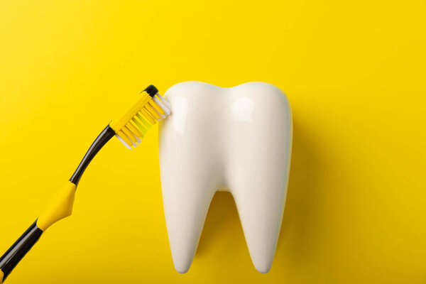 Cleaning model of a white tooth with a toothbrush on yellow background. The concept of dental hygiene. Prevention of plaque and gum disease.MOCKUP