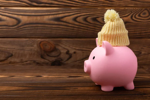 Savings concept. Piggy bank on brown textured wood.Piggy bank in a warm winter hat,saving and saving heat. Saving heating concept.Place for text. Copy space
