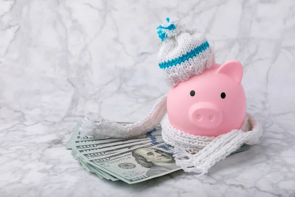 Savings concept. Piggy bank and money on a light table. Piggy bank in a warm winter hat and scarf, heat saving. Saving heating concept.Place for text. Copy space