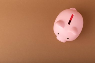 Kumbaranın kumbarası kahverengi desenli. Yakın plan. Kopya için yer var. Düz yatıyordu. Tasarruf ve birikim kavramı.