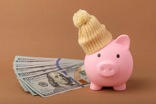 Savings concept. Piggy bank and money on brown texture background. A piggy bank in a warm winter hat that saves heat. The concept of saving heating. Place for text. copy space