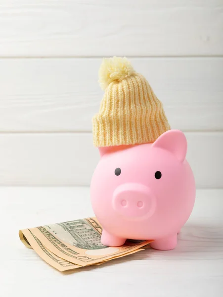 Piggy bank with money.Piggy bank with dollars and winter hat on white texture wood.Heat saving concept. The concept of saving heating.Banking and savings. Place for text, space for copy.