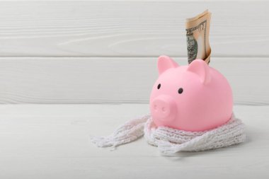 Paralı domuzcuk kumbarası. Beyaz desenli ahşap üzerine dolar dolarlık atkı. Sıcaktan tasarruf kavramı. Isıtma, bankacılık ve tasarruf kavramı. Metin için yer, kopyalamak için yer.