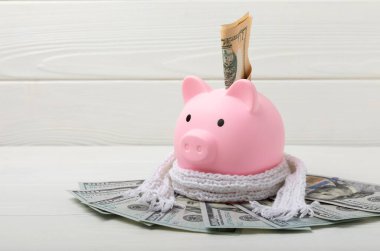 Paralı domuzcuk kumbarası. Beyaz desenli ahşap üzerine dolar dolarlık atkı. Sıcaktan tasarruf kavramı. Isıtma, bankacılık ve tasarruf kavramı. Metin için yer, kopyalamak için yer.