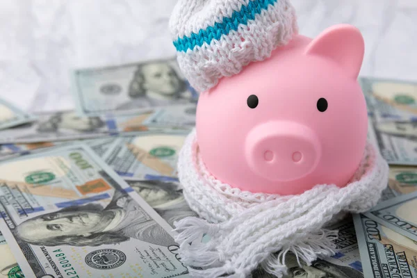 Piggy bank with money.Piggy bank with dollars in winter hat and scarf on white marble.Heat saving concept. The concept of saving heating.Banking and savings. Place for text, space for copy.