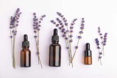 Cam şişede pipetli lavanta yağı. Beyaz arka planda izole edilmiş kokulu yağ ve lavanta çiçekleri olan şişe. Kopya alanlı lavanta yağı modeli. Serum.