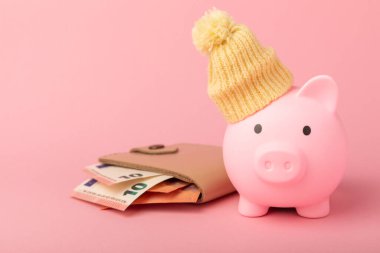 Tasarruf kavramı. Domuz kumbarası ve pembe dokuya yatırılan para. Seni sıcak tutan, kışlık şapkalı bir kumbara. Isı tasarrufu kavramı. Mesaj için yer. Boşluğu kopyala