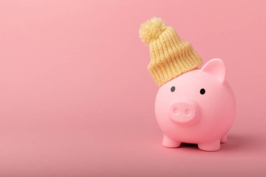 Tasarruf kavramı. Pembe desenli domuz kumbarası. Seni sıcak tutan, kışlık şapkalı bir kumbara. Isı tasarrufu kavramı. Mesaj için yer. Boşluğu kopyala