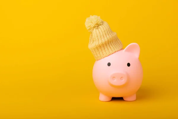 Savings concept. Piggy bank on a yellow textural background. A piggy bank in a warm winter hat that keeps you warm. Heat saving concept. Place for text. copy space