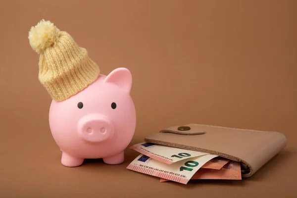 Savings concept. Piggy bank and money on brown texture background. A piggy bank in a warm winter hat that keeps you warm. Heat saving concept. Place for text. copy space