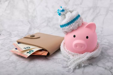 Tasarruf kavramı. Domuz kumbarası ve sarı dokuma üzerine para. Sıcak bir kış şapkası takmış, sıcağı kurtaran bir kumbara. Isıtma tasarrufu kavramı. Mesaj için yer. Boşluğu kopyala