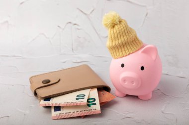 Tasarruf kavramı. Domuz kumbarası ve gri dokuya yatırılan para. Seni sıcak tutan, kışlık şapkalı bir kumbara. Isı tasarrufu kavramı. Mesaj için yer. Boşluğu kopyala