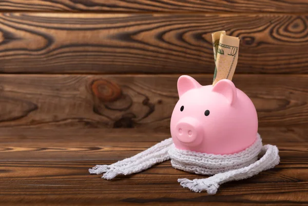 Savings concept. Piggy bank and money on brown texture background. A piggy bank in a warm winter hat that keeps you warm. Heat saving concept. Place for text. copy space