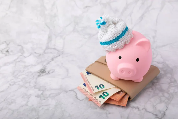 Savings concept. Piggy bank and money on white marble texture background. A piggy bank in a warm winter hat that keeps you warm. Heat saving concept. Place for text. copy space