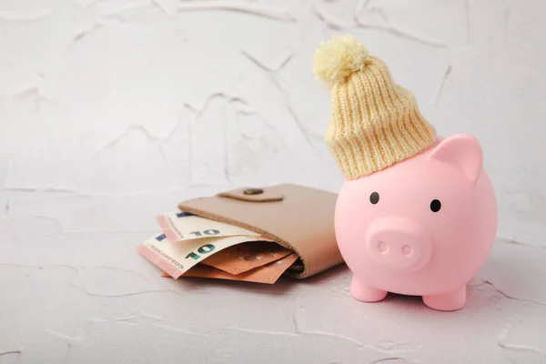 Savings concept. Piggy bank and money on gray texture background. A piggy bank in a warm winter hat that keeps you warm. Heat saving concept. Place for text. copy space